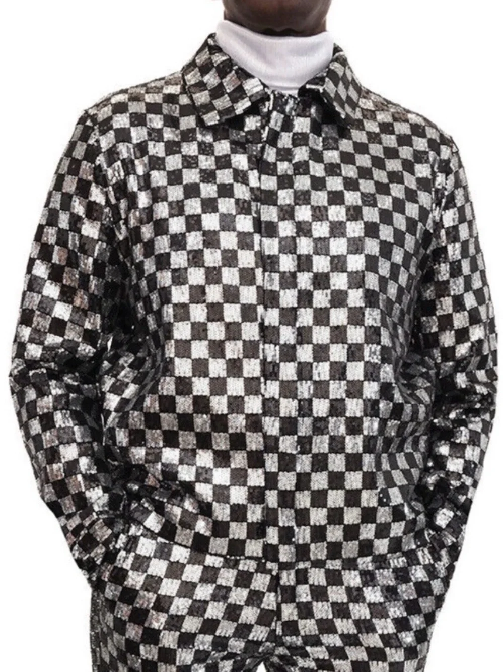 Barabas Men's Checkerboard Metallic Bomber Jacket in Black & Silver sequins
